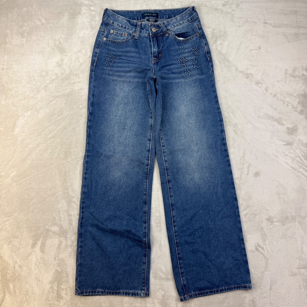 Aeropostale Jeans Women 27x32 Blue Baggy Wide Leg Star Embroidered Y2K Street